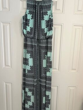 London Times Sleeveless Mint and Black Printed Maxi Dress